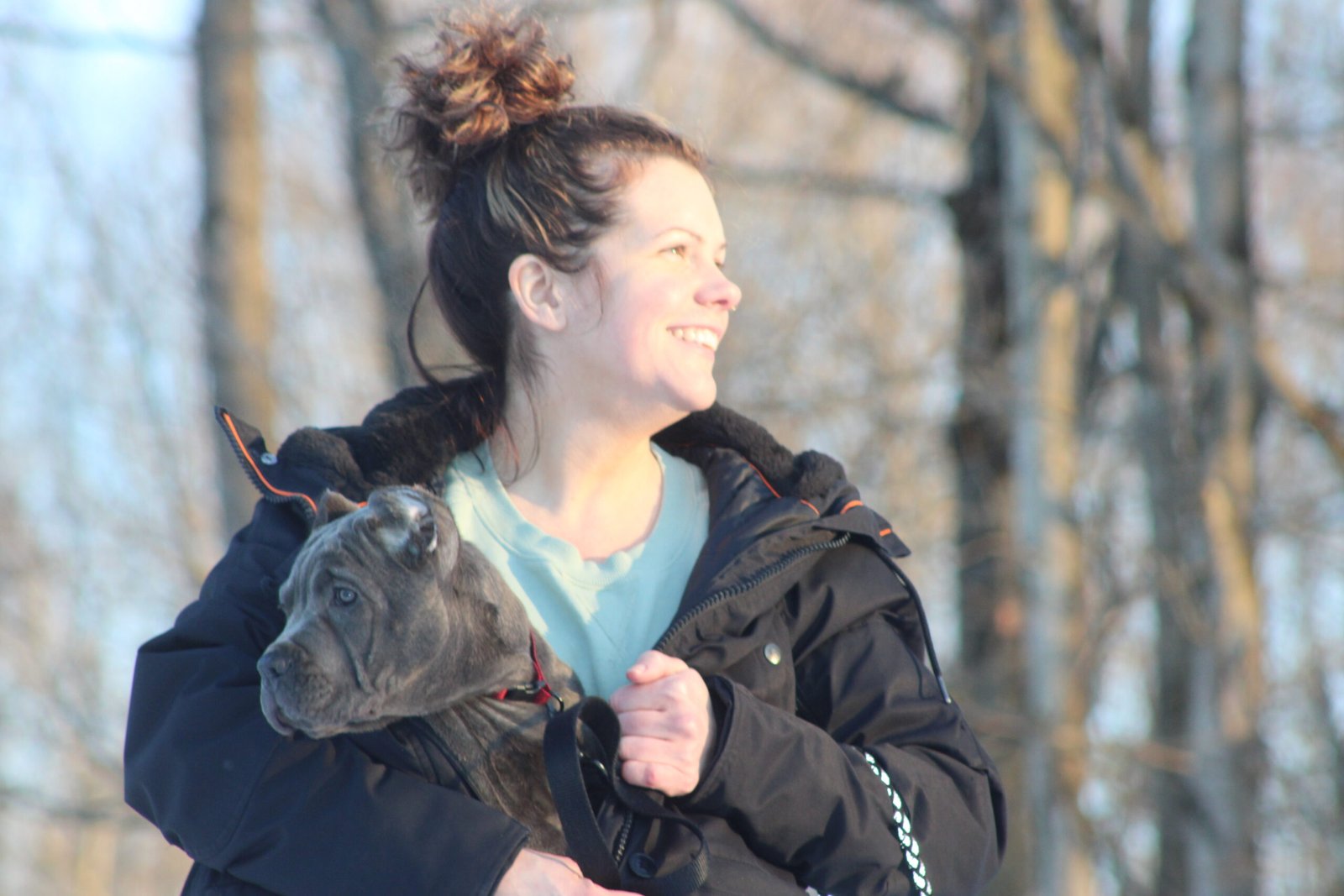 Linzy carrying one of the puppies